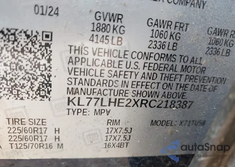 2024 Chevrolet Trax Fwd Lt z USA, uszkodzony, nr VIN KL77LHE2XRC218387